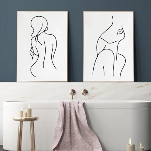 Minimalistisches Poster, Wandkunst, Schwarz-Weiß, nackt, abstrakt, weiblicher Akt, einzeiliger Körper, Leinwandbilder, Gemälde, Druck, Heimdekoration, 80 x 110 cm (32 x 43 Zoll), 2 x rahmenlos
