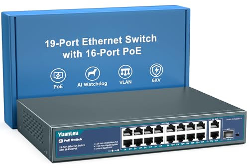 YuanLey Switch Poe 16 Porte 2 Uplink Ethernet Gigabit, 1 Porta SFP, Supporto Poe+ 250W 802.3af/at, Switch di Rete Non Gestito con AI Watchdog, VLAN, Protezione 6KV, Rackmount Plug And Play