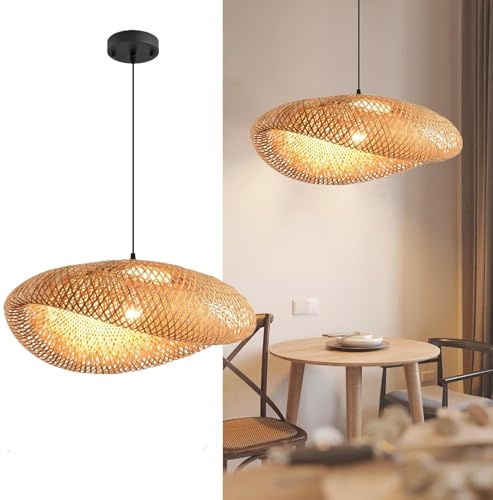 CNMKLM Lampada A Sospensione In Bambù Lampadario Boho In Rattan Intrecciato A Mano Illuminazione A Soffitto In Vimini Naturale Per L'isola Della Cucina, Sala Da Pranzo, Soggiorno, Camera Da Letto(50CM