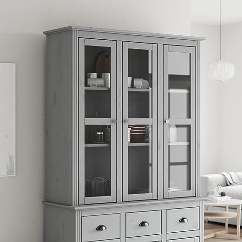 Somanki Vitrinenschrank mit Glastüren BODO Grau Massivholz Kiefer, Glasvitrine, Vitrinenschrank, Schrank, Display Case, Sammlervitrine, Glassvitrinenschrank