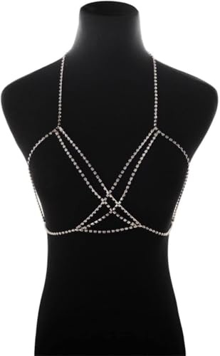 Vnook Sexy Diamant Brustkette BH Mode Sparkly Strass Körperkette Kreuz Kristall Bikini Brust Schmuck Dessous Frau Nachtclub Kleidung Ür Frauen Und Mädchen(Silver)