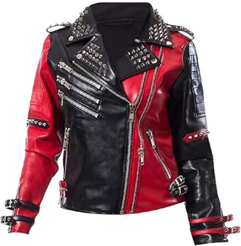 PROMENADE CHIC Rebel Harley Property Of JK Halloween Cosplay Nieten Lederjacke, Schwarz und Rot – Kunstleder mit Nieten, M