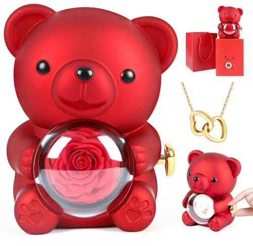 Orifesio Ewige Rose Teddybär mit Herz Halskette, Rose Bär Geschenkbox mit Versteckte Schmuckkästchen, Teddybär Rosen Box für Frauen Freundin Valentinstag Muttertag Weihnachten Geburtstagsgeschenk