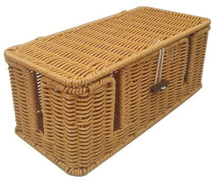 Cable Box, Cord Box - Hand Woven Wire Storage Case - Imitation Rattan Cord Hider Box, 4 Open Slots Cable for Desk to Protect Wires and Power Strips