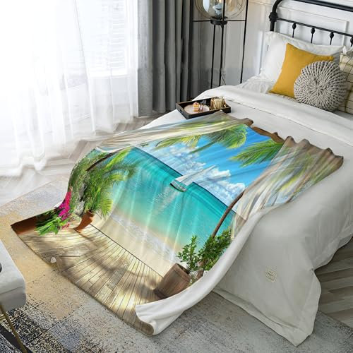 MIATCENRT Couverture Polaire Lit pour Canapé en Molleton, 100x130cm Couverture Jeté en Flanelle à Rideaux Palmiers Toute Saison, Rester Chaud en Hiver Vue sur La Mer Couvre-lit Jeté
