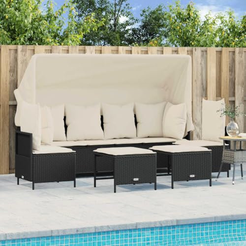 Fasba Garten Sofa Garnitur 5-TLG., Gartenmöbel Set mit Kissen Dach, Sitzgruppe für Garten Terrasse, Lounge Hocker Sitzgarnitur, Schwarz Poly Rattan/ 1536
