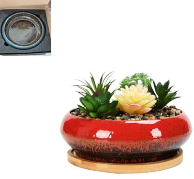 Generisch Keramik Bonsai Schale mit Bambusständer, 15,6 x 5,6 cm, Glasierte Hydrokultur-Pflanzschale für Lotus und Wasserpflanzen (Rot)