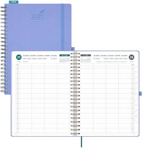 BEZEND Kalender 2026 Tagesplaner A4 Ringbuch, 1 Tag 1 Seite mit 4 Spalten - 15 Min Takt Terminplaner (Jan - Dez 2026), Wochenzeit- & Monatsplan, PU-Leder Softcover mit Froschtasche, Kornblume