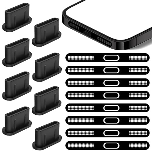 CYUXING Malla metálica para Altavoz de teléfono (8 Piezas) con 8 Tapones Antipolvo, Puerto de Carga Tipo C, Adhesivo para Altavoz y Auricular para iPhone 16 Pro/16 Pro MAX (Negro)