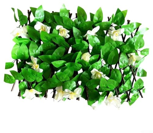 MoSundi Clôture d'intimité artificielle avec fleurs blanches - Panneau extensible en faux lierre - Feuilles vertes pour jardin, terrasse, balcon - 40 x 200 cm