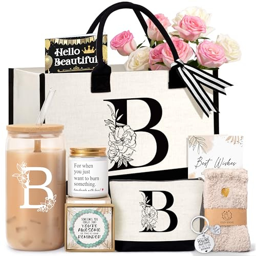 Lepiche Birthday Gifts for Women, Monogrammed Initial Gift for Teacher Wife Mom, Tote Bag,Glass Cup Gift Basket Personalized Christmas Mother's Teacher Appreciation Day,B
