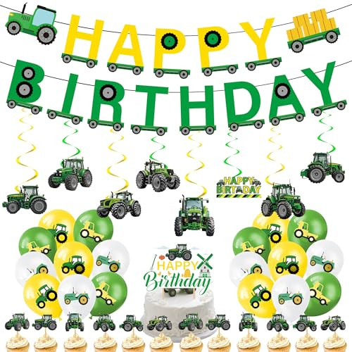 Tractor Birthday Party Decorations Balloons - 41 Pcs Digger Party Supplies | Yellow Green Banner Cake Cupcake Toppers and Hanging Swirls for Construction 2nd 3rd Birthday Party Decoration