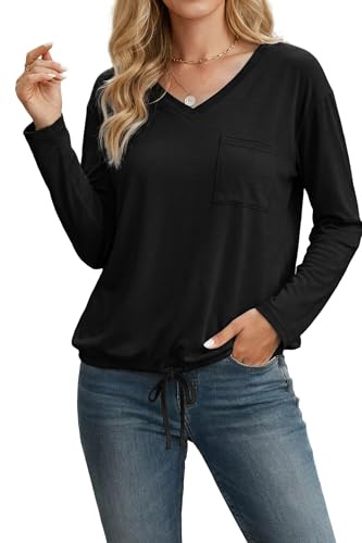 Enmain Maglia Donna Manica Lunga Raffinata Blusa Casual Chic con Coulisse Regolabile e Taschino Maglietta T-Shirt Basic Senza Stiro per Ufficio e Tempo Libero Nero XL