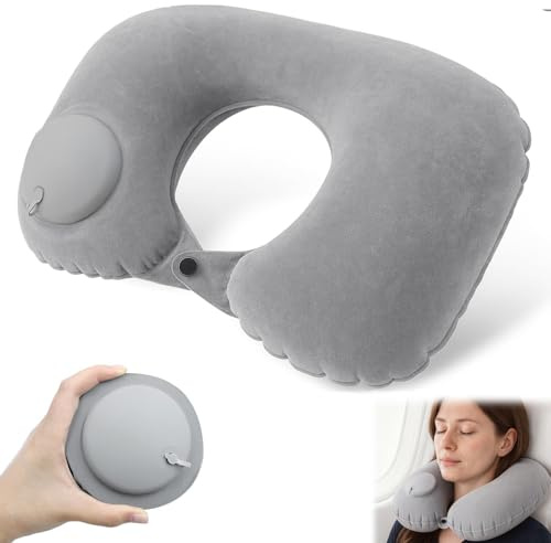 Vlecexs Oreiller de Voyage Gonflable, Coussin de Voyage, Avion Tour de Cou, Oreiller Avion Gonflable, Coussin Avion Cou, Oreiller Gonflables Camping avec Masque pour Voiture Avion Plage Voyages, Gris