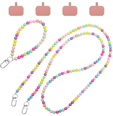 Yoicn Lth 2 Stück Handykette Bunt Perlen, Handykette Perlen Zum Umhängen Lang und Handykettes Kurz Handgelenk, Universal Handy Kette mit 4 Halterung Patch