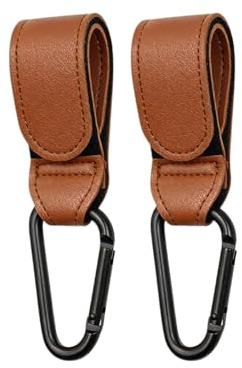 Lot de 2 crochets universels en cuir pour poussette, sacs, sacs à langer, poussettes, remorques, déambulateurs, fauteuils roulants, remorques vélo (Marron)