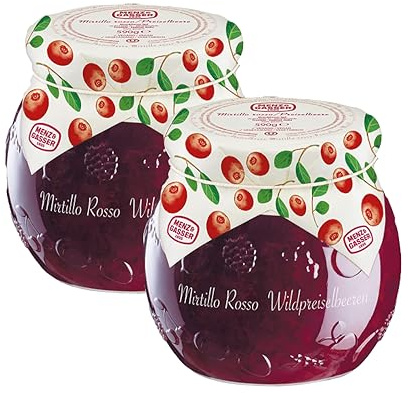 Menz&Gasser, Confettura Extra di Mirtilli Rossi Edel Plus, Ideale come Colazione o Spuntino, con Frutta di Alta Qualità in pezzi, 2 Vasi x 620 g