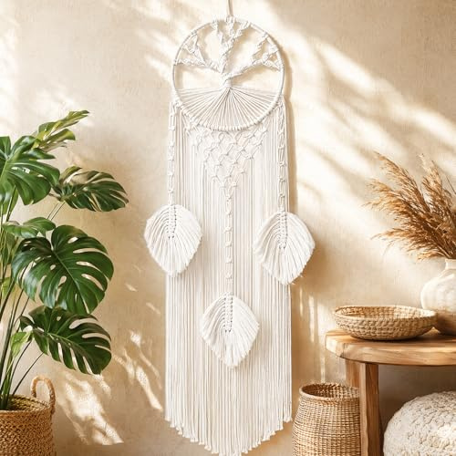 Drömfångare vägghängning, livets träd drömfångare, boho-drömfångare med fjäderblad, vävd fjäder vägghängning, lämplig för sovrum, vardagsrum och entréhallar