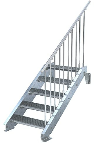 Außentreppe 5 Stufen 70 cm Laufbreite – einseitiges Geländer rechts - Anstellhöhe 83 cm bis 100 cm - Gitterroststufe ST2 - feuerverzinkte Stahltreppe mit 700 mm Stufenlänge als montagefertiger Bausatz