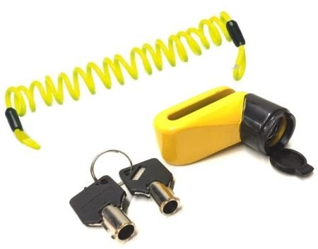 Bremsscheibenschloss Gelb mit Erinnerungskabel 150cm passend für Roller, Motorrad – 6mm Pin, 2 Schlüssel – Top Qualität Diebstahlschutz