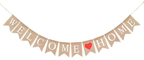 jijAcraft Welcome Banner, 3.5M Welcome Decoration with Heart, Pre-strung Vintage Rustic Burlap Banner for Homecoming, Housewarming, Military Return, New Home, New Baby