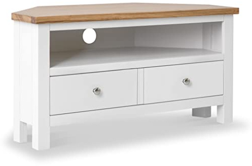 RoselandFurniture Farro White 90cm Corner TV Unit for Living Room | Fully Assembled, Television Cabinet with Light Oak Top, Painted Finish, Suitable for 40 Inch Screen, Contemporary Style