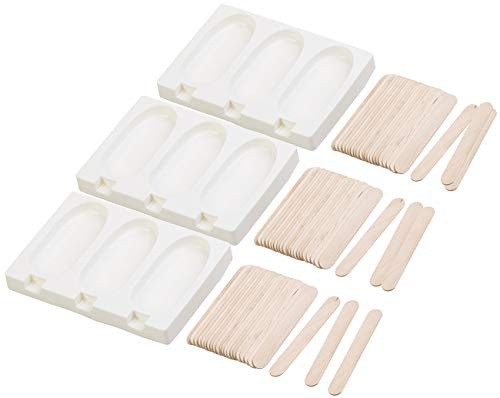 Rosenstein & Söhne Eisförmchen Silikon: 3 Silikon-Formen für 9 Eis am Stiel, je 80 ml, mit 72 Holzstielen (Eismaker, Eisbehälter, Pop)