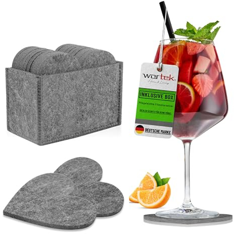 wortek Filz Untersetzer Gläser Grau in Herzform – 10er Set mit Aufbewahrungsbox, Glasuntersetzer für Getränke, Tassen, Bar, Glas - Ø 10cm Tischuntersetzer Filzuntersetzer Gläser Geschenk Freundin