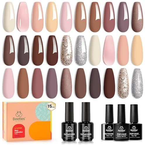 Beetles Gel Polish Bare Collection-16 Colours Pink Nude Brown Glitter Gel Set Peach Natural Skin Tone Manicure Art with Glossy Matte Base Top Coat Gift for Girls