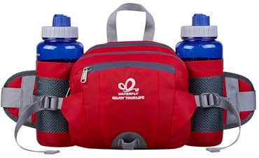 WATERFLY Gürteltasche mit Flaschenhalter, Gurt Verstellt Bauchtasche Hundetraining Handyfach Wasserdicht Hüfttasche für Wandern Reise Camping (Rot)