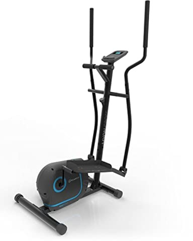 Klarfit Myon Cross - Elíptica, Bicicleta eliptica para casa, 8 Niveles de Resistencia, Volante de inercia de 12kg, Pantalla LCD, Accionamiento por Correa, Pulsómetro, Protección de Suelo