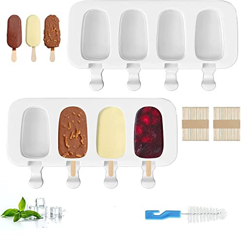 Moldes de Helado, 8 Pack Juego de Moldes para Helados de Silicona, de Grado Alimenticio, sin BPA, para Postre, Chocolate, Bricolaje(con 100 unids Palos de Madera y Cepillo)