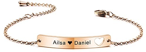 MeMeDIY Pulsera Personalizada con Grabado De Nombre/Fecha para Mujeres Niñas Acero Inoxidable Delicadas Pulseras De Corazón con Eslabones De Tobillo con Cadena Ajustable Regalo De Dama De Honor