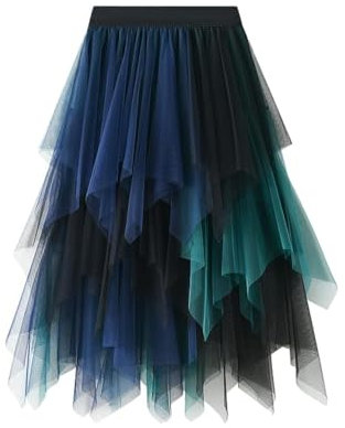 Damen Rock Tüll Unregelmäßig Unterrock Lagenrock Ballett Tutu Abschlussball Party Faltenkleid A-Linie Midirock High Waisted Rock (Grün Blau, Einheitsgröße)