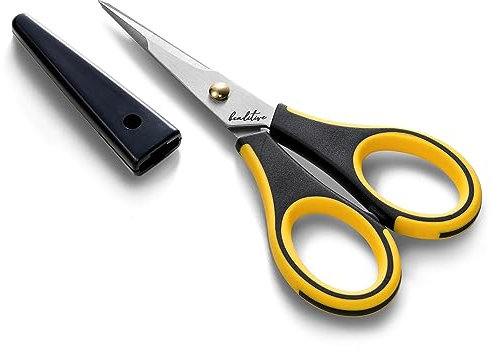 Beaditive Precision Craft Scissors - Stainless Steel Paper Crafting with Safety Cap Ultra Sharp Blades & Non-Slip TPR Handles Adult Kid Scrapbooking for Home, Office, School, Yellow