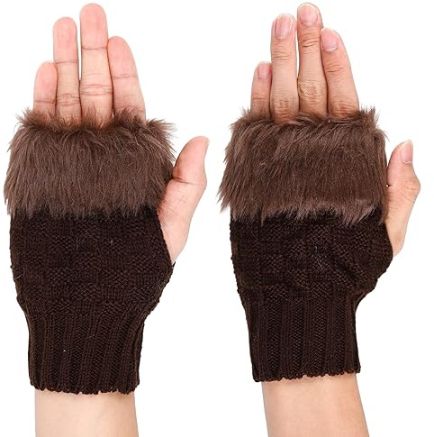 Jodsen Fingerless Gloves with Faux Fur Winter Warm Fingerless Mittens Short Knit Crochet Arm Warmers Women Girls Wrist Gloves Half Finger Gloves for Winter Wedding Birthday Christmas Halloween Party