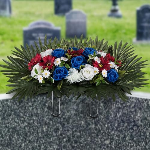 Memobloom Headstone Flower Saddle Arrangements - Artificial Cemetery Flowers Silk Funeral Memorial Day Sympathy Floral for Outdoor Gravestone Decorations (Red White Royal Blue)