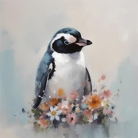 Acryl-Bild 60 x 60 cm: Pinguin mit Blumen auf weißem Hintergrund. Digitale Zeichnung. (213546271)