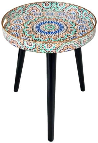 Simmer Stone Round Indoor Side Tables with Detachable Wooden 3 Legs, Versatile Tray Table, Perfect For Round Coffee Table Tea, and Relaxation Time 17.7 Inch (Multi Moroccan)