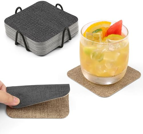 Chitomars Untersetzer Gläser 12er Set, Doppelseitige rutschfest Glasuntersetzer Abwaschbare Getränkeuntersetzer Kunstleder Glas Untersetzer-Set mit Halter (Grau Beige, Quadratisch)