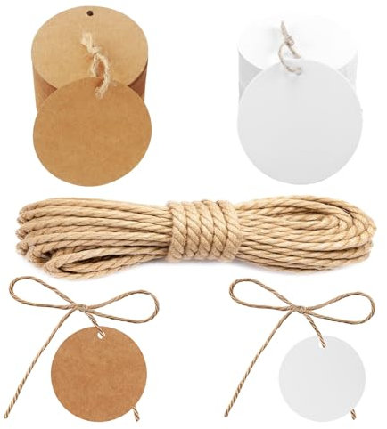 ORUZA Rund Geschenkanhänger Kraftpapier, 100 Stück Kraftpapier Anhänger mit Jute Schnur, Kraftpapier Handmade Label für Hochzeit Geburtstag Ostern Weihnachten Geschenke