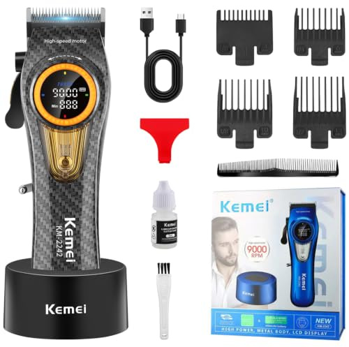 KEMEI 2242 - Cortapelos profesional para hombres, cortadora de pelo eléctrica inalámbrica, cuchillas DLC, motor turbo de 5000-9000 rpm, recargable por USB hasta 220 minutos de uso con pantalla LED
