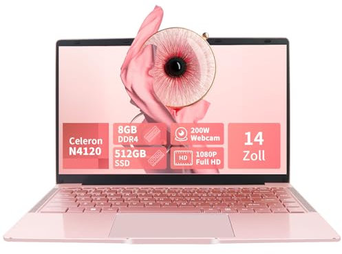 LONGEVINCE 14 Zoll PC, 8 GB RAM,DDR4,Ultrabook Laptop, 1920 x 1080 IPS, Celeron N4120 Laptop (bis zu 2,6 GHz), USB 3.0,Notebook mit Deutscher Tastaturfolie (Rotgold, 8GB+512G SSD)