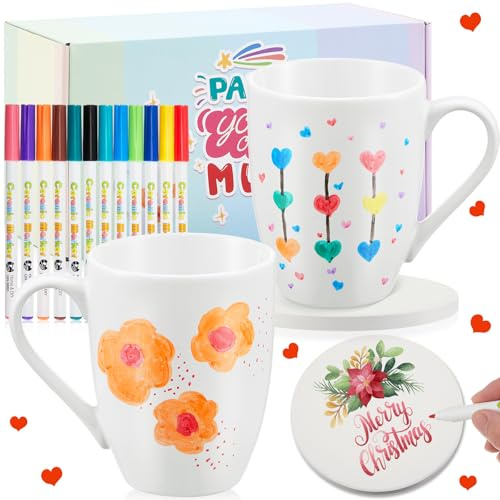 Geiserailie Keramik Tasse Bemalen Set mit 2 Tassen 2 Untersetzer 12 Porzellanstifte Erwachsene Bastelset Kaffeebecher DIY Geschenk für Abschluss, Untersetzer Nicht im Ofen Erhitzen(Minimalistisch)