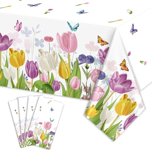 PTECDROTS 4Pcs Tulip Party Tablecloths Rectangle Floral Table Cloths Watercolor Tulip Tablecloth Butterfly Table Cover for Tea Lilac Butterfly Tulips Spring Birthday Party Decorations, 51 x 86inch
