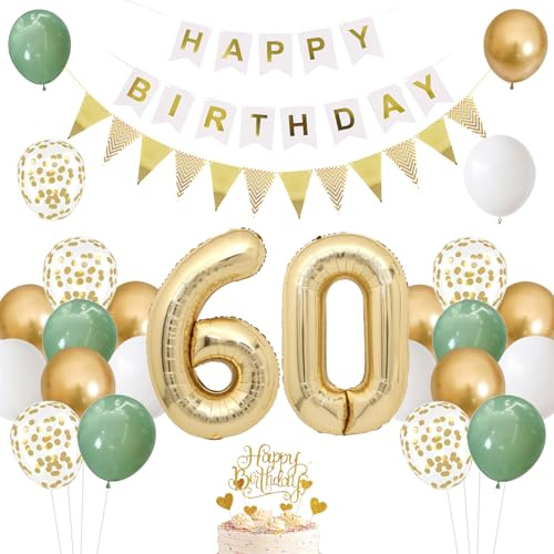 Luftballons 60.Geburtstag Grün Gold,Geburtstagsdeko 60 jahr für Frauen,Deko 60 Geburtstag Salbeigrüne,Ballon 60 Deko Tortendeko Geburtstag Banner für Frauen Männer