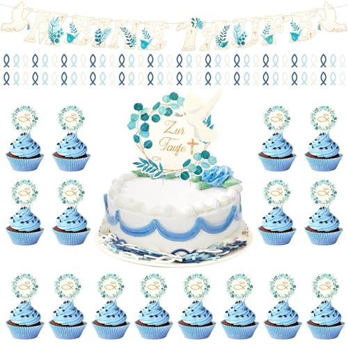 SEPGLITTER Bautizo decorativo para niños, decoración de mesa, juego de bautismo, guirnalda de bautizos, decoración para cupcakes, decoración para tartas, madera, peces, decoración para niños y niñas