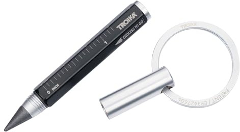 TROIKA Lápiz multitarea y llavero con punta de escritura infinita (aproximadamente 20 km de longitud de escritura) – Endless to go – Regla de centímetros/pulgadas – Aluminio – Negro Plata, negro y