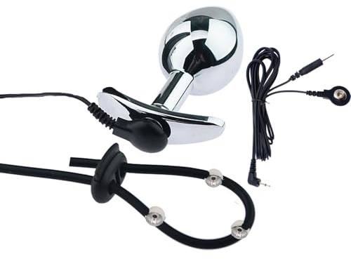 AMAZBEE Plug anale Massaggiatore prostatico Electroshock per uomo Butt Plug indossabile con anello per il pene Dilatatore elettrico dell'ano in acciaio inox con base a T (M,1)