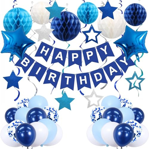 Blue Happy Birthday Decorations Set for Boys, 46Pcs Blue Birthday Banner and Balloon for Boys, Men with Honeycomb Balls, Foil Star Balloons, Hanging Swirls & Matching Balloons